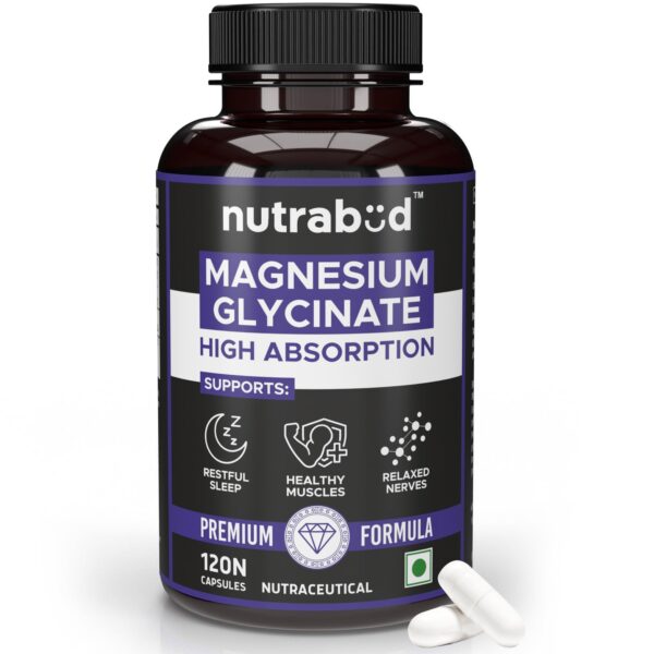 Nutrabud Magnesium Glycinate Supplement - 120 Vegetable Capsules - 550mg for Men, Women | High Absorption Chelated Form for Healthy Muscles, Nerves & Better Sleep (120 Count (Pack of 1)) - Fast Shipping to USA & Canada