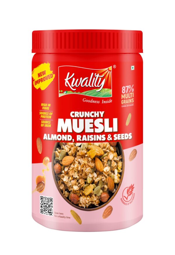 Kwality Muesli Crunchy Almond & Raisins 900g Jar, 86% Multi Grains, Natural Source of Vitamin & Iron, High in Protein & Fiber, Low Fat & Cholesterol-Free, Healthy Food & Breakfast Cereal - Fast Shipping to USA & Canada