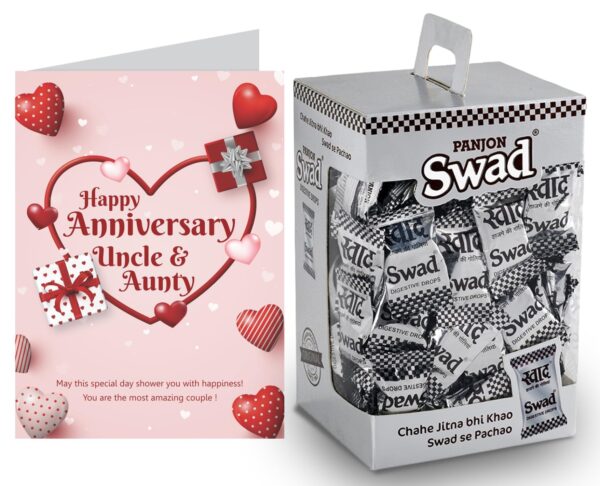 Swad Happy Anniversary Uncle & Aunty Gift with Card (Swad Digestive Candy 125 Gift Box & 1 Greeting card) - Fast Shipping to USA & Canada