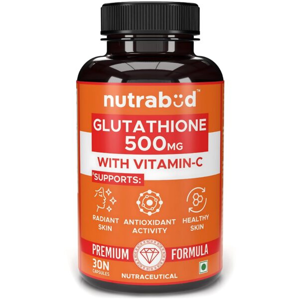 Nutrabud Glutathione Tablets 500mg with Vitamin-C - 30 Veg Capsules - Supports Radiant Skin Glow for Women, Men (30 Count (Pack of 1), Unflavoured) - Fast Shipping to USA & Canada