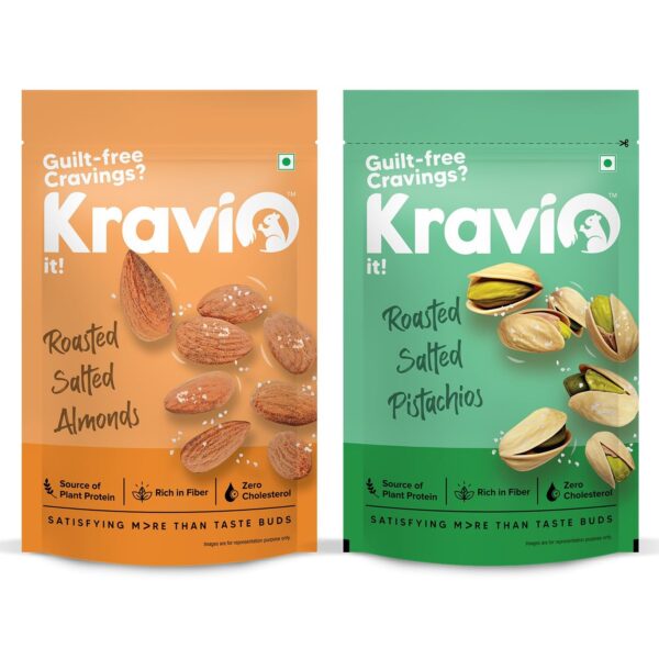 Premium Roasted Salted Almonds & Pistachios (2 X 200g) | Zero Cholesterol Natural Whole California Badam & Inshell Pista Nuts & Dry Fruits | Rich in Protein, Crunchy Delicious Healthy Snacks - Fast Shipping to USA & Canada
