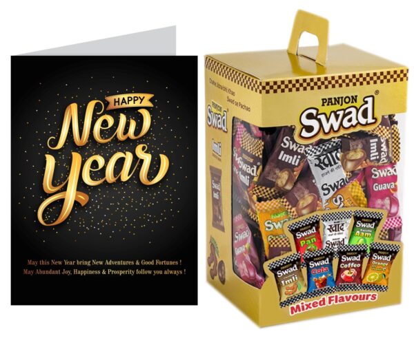 Swad Happy New Year Gift with Card (Swad Mixed Candy 125 Gift Box & 1 Greeting card) - Fast Shipping to USA & Canada