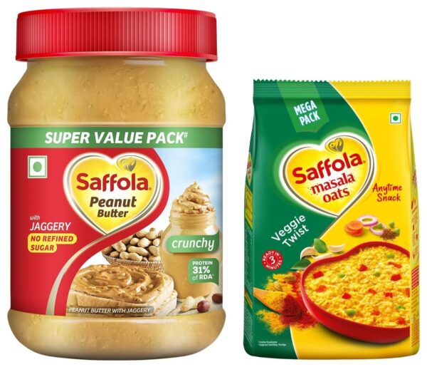 Saffola Peanut Butter Crunchy| High Protein Peanut Butter | Only Jaggery, No Refined Sugar, 900g & Saffola Masala Oats | Tasty Evening Snack| Healthy Snack| Veggie Twist| 500g - Fast Shipping to USA & Canada