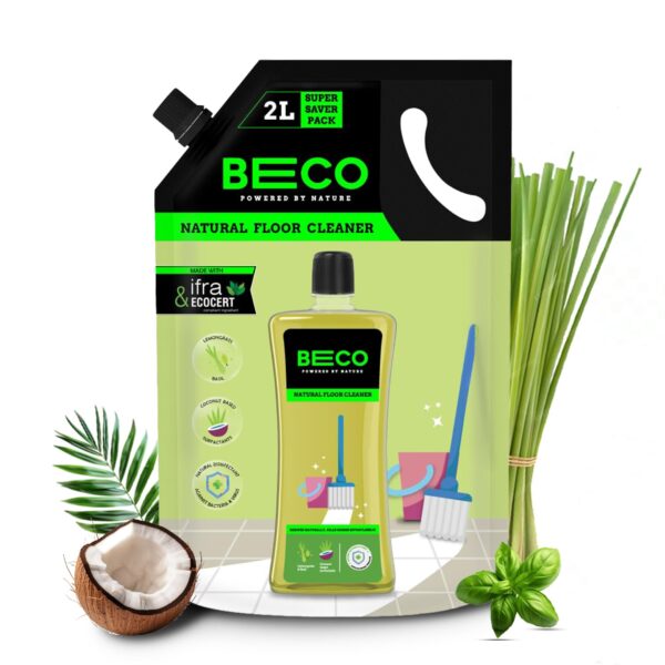 Beco Natural Disinfectant Floor Cleaner -2 Litre Refill Pack| Lemongrass & Basil Freshness|Non Toxic Germ Kill Formula | Kids Safe & Pet Friendly - Fast Shipping to USA & Canada