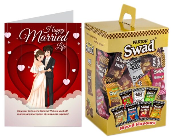 Swad Gift for marriage Happy Married Life with with Card (Swad Mixed Candy 125 Gift Box & 1 Greeting card) - Fast Shipping to USA & Canada