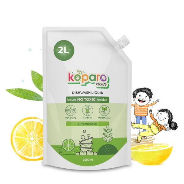 Koparo Organic Dishwash Liquid | 2 Litres | Lime And Basil Fragrance | Natural, Plant Based & Eco-Friendly | Removes Tough Grease, Soft on Hands | Baby & Pet Safe - Fast Shipping to USA & Canada