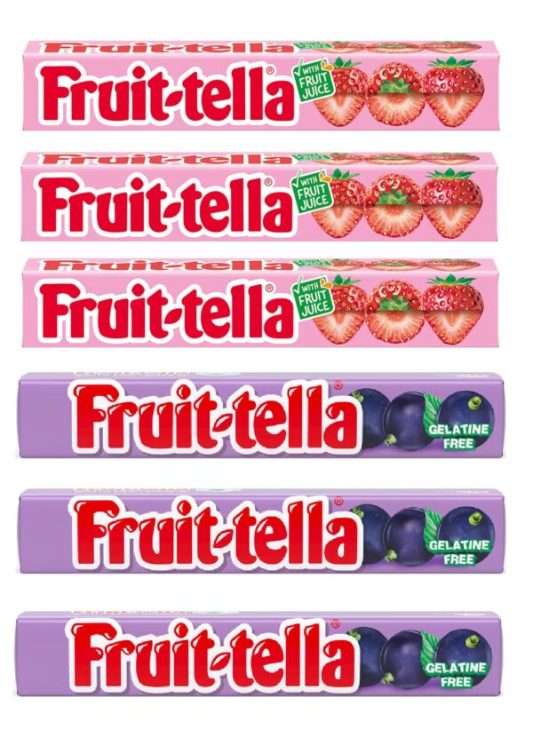 Fruit-Tella Strawberry (Pack Of 3), Fruit-Tella Blackcurrent Flavour (Pack Of 3) Chewy Toffee Stick (6 x 32.4g) - Fast Shipping to USA & Canada