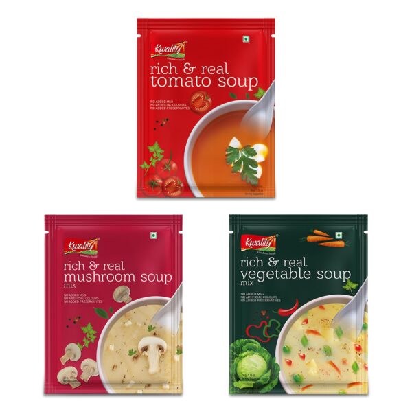 Kwality Combo Soup Mix 180g (Pack of 3 x 60g) | Flavors of Tomato + Mushroom + Vegetable | Delicious and Convenient | Easy to Prepare - Fast Shipping to USA & Canada