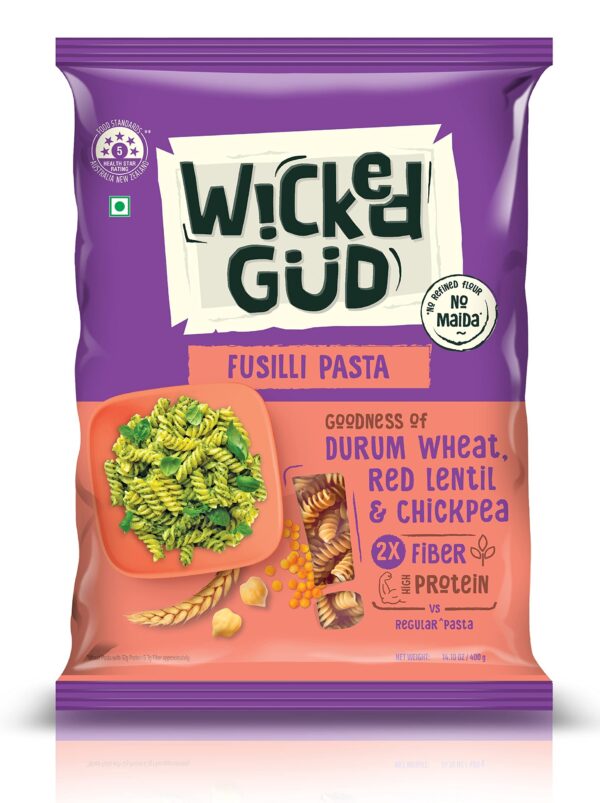 WickedGud 2X Fiber Fusilli Pasta | No Maida | Durum Wheat Semolina | Brown Rice | Red Lentils | Healthy Diet Pasta - 400gm - Fast Shipping to USA & Canada