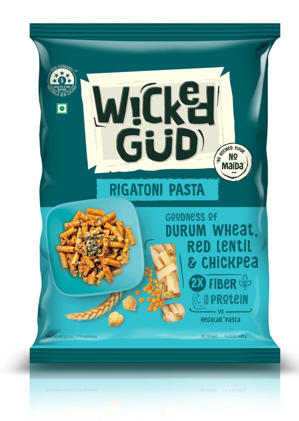 WickedGud 2X Fiber Rigatoni Pasta | No Maida | Durum Wheat Semolina | Brown Rice | Red Lentils | Healthy Diet Pasta - 400gm - Fast Shipping to USA & Canada