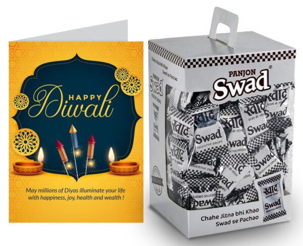 Swad Gift for Happy Diwali Deepawali with Card (Swad Digestive Candy 125 Gift Box & 1 Greeting card) - Fast Shipping to USA & Canada