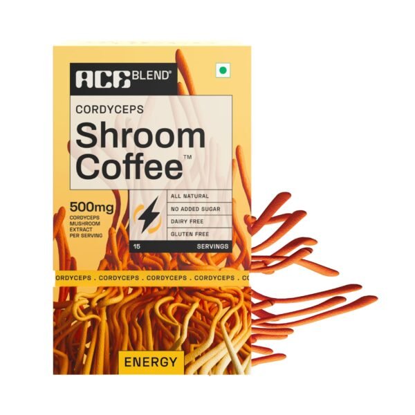 Ace Blend Cordyceps SHROOM COFFEE (15 serves) | Mushroom Coffee | Coffee Powder with KSM 66 Ashwagandha, L-Theanine, MCT | Immunity, Energy | 100% Arabica | Instant Coffee Packet | Cold/Hot Brew - Fast Shipping to USA & Canada