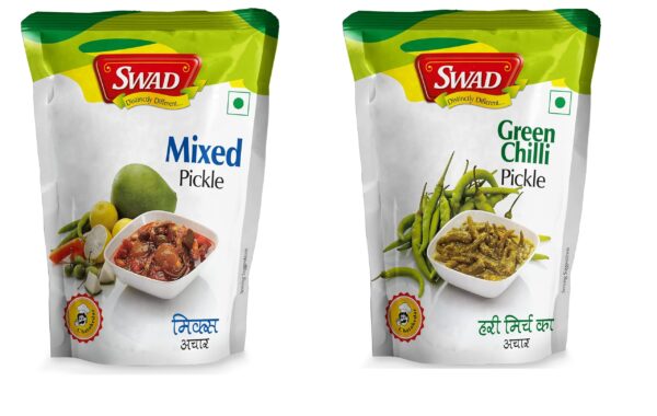 SWAD Delicious and Tangy Pack of 2 Mango, Lemon, Green Chillies, Carrot, Kerda Mixed Pickle/Mixed Achar - 200g| Green Chilli Pickle/Hari Mirchi Achar - 200g Pack of 2 - Fast Shipping to USA & Canada