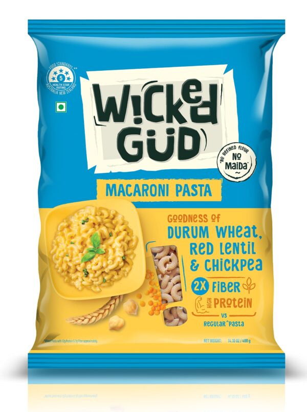 WickedGud 2X Fiber Macaroni Pasta | No Maida | Durum Wheat Semolina | Brown Rice | Red Lentils | Healthy Diet Pasta - 400gm - Fast Shipping to USA & Canada