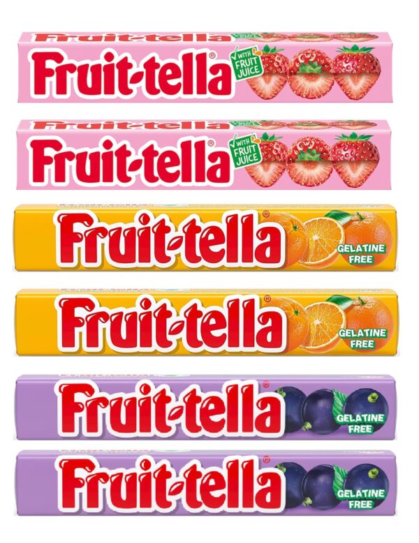 Fruit-Tella Strawberry (Pack Of 2), Blackcurrent (Pack Of 2), Orange (Pack Of 2) Flavour Chewy Toffee Stick (6 x 32.4g) - Fast Shipping to USA & Canada
