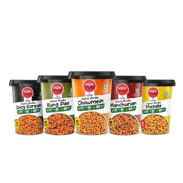 VEEBA Instant Cup Noodles Masala|Chowmein|Manchurian|Kung Pao + Spicy Korean (Made with no Palm Oil|no Maida|no Added MSG (Pack of 5, 462.5 gram) - Fast Shipping to USA & Canada