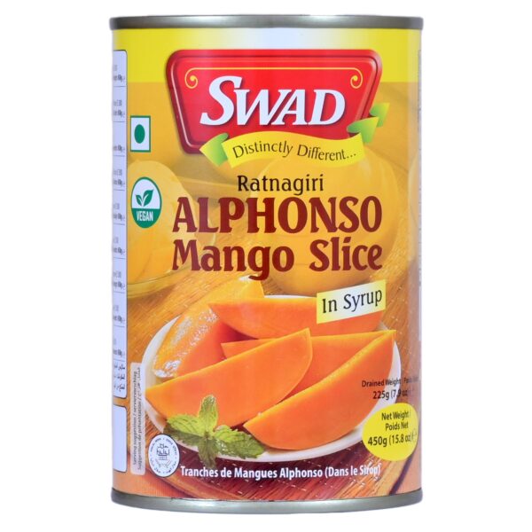 SWAD Alphonso Mango Slice with Syrup | No Added Preservatives & Sweeteners | Export Grade Happus Aam | Natural Mango Slices with Syrup | Tin Pack of 1 (450g each) - Fast Shipping to USA & Canada