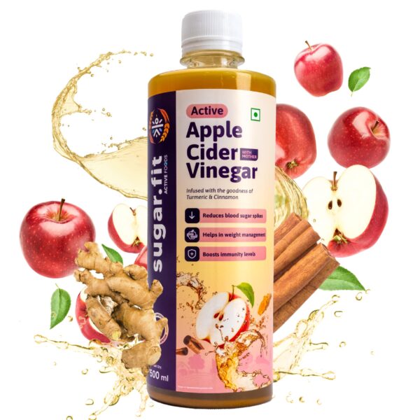 Sugar.Fit Active Apple Cider Vinegar with The Mother 500 ml, Infused with Turmeric & Cinnamon to Boost Immunity, Manage Weight, Reduce Bloating, Healthy Skin & Hair | Raw, Unfiltered & Unpasteurized - Fast Shipping to USA & Canada