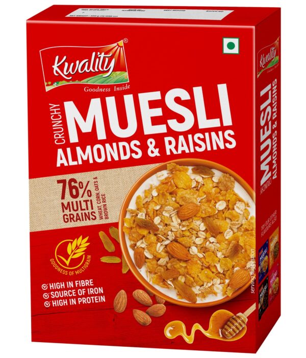 Kwality RCB Muesli Crunchy 400g | 76% Multi Grains with Almonds, Raisins & Honey | Natural Source of Vitamin & Iron | High in Protein & Fiber | Low Fat & Cholesterol-Free | Healthy Food & Breakfast Cereal | Endorsed by Royal Challengers Bangalore (RCB) - Fast Shipping to USA & Canada