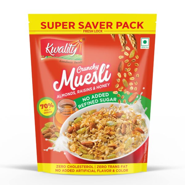 Kwality RCB Crunchy Muesli Almonds, Raisins & Honey 700g | No Added Refined Sugar | 76% Multi Grains | Natural Source of Vitamin & Iron | High in Protein & Fiber | Healthy Food & Breakfast Cereal | Endorsed by Royal Challengers Bangalore (RCB) - Fast Shipping to USA & Canada