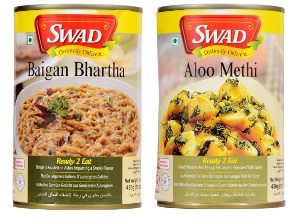 SWAD Ready To Eat North Indian Combo Pack Of Baigan Bharta/Aloo Methi Instant Mix Vegetarian with No Added Preservative And Colours - 450gm Each (Pack of 2) - Fast Shipping to USA & Canada