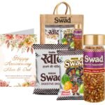 Swad Happy Anniversary Mom Dad Parents Gift with Card (25 Swad Candy, 25 Mixed Toffee, Royal Fresh Mix Mukhwas) in Jute Bag - Fast Shipping to USA & Canada