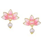 Estele Jewellery Fashion Earrings for Women Gold Plated Lotus Designer Elegant Pink and White Enamel Pearl Drop Earrings Versatile Chic for Women & Girls - Fast Shipping to USA & Canada - Image 2