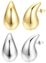Shining Diva Fashion 2 Pairs Combo Celebrity Inspired Stylish Gold Silver Plated Teardrop Earrings Dupes for Women Girls Teenagers Trending Oversized Lightweight Statement Waterdrop Earrings - Fast Shipping to USA & Canada - Image 2