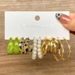 Shining Diva Fashion 15 Pairs Combo Latest Trendy Stylish Celebrity Inspired Pearl Gold Plated and Leopard Print C Shaped Geometric Hoop Earrings for Women and Girls - Fast Shipping to USA & Canada - Image 6