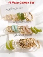 Shining Diva Fashion 15 Pairs Combo Latest Trendy Stylish Celebrity Inspired Pearl Gold Plated and Leopard Print C Shaped Geometric Hoop Earrings for Women and Girls - Fast Shipping to USA & Canada - Image 4