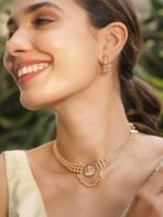 Rubans 22K Gold-Plated Handcrafted Temple Artificial Jewelry Set-Stone Studded with Gold Beads and Matching Earrings For Women and Girls-Lakshmi Motif Perfect for Weddings and Special Occasions - Fast Shipping to USA & Canada - Image 3