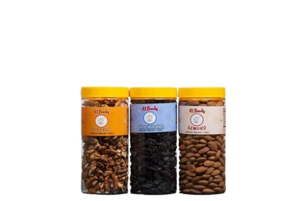 41 foods Dry fruits combo pack Black Raisins Almonds Walnuts | akhrot badam kismis (150GM X 3) 450 GM - Fast Shipping to USA & Canada