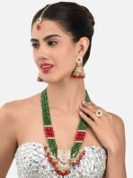 ZAVERI PEARLS Green Maroon Multistrand Necklace Earring Maangtikka & Ring Set For Women-ZPFK18546 - Fast Shipping to USA & Canada - Image 4