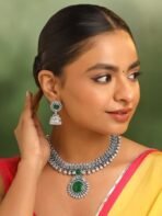 Yellow Chimes Exclusive Antique Design Vintage Oxidised Silver Kolhapuri Stone Choker Necklace Set with Jhumka Earrings for Women and Girls - Fast Shipping to USA & Canada - Image 6