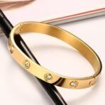 Shining Diva Fashion 18K Gold Plated Stainless Steel Openable Crystal Bracelet | Cuff Bangle | Friendship Couple Wedding Gifts for Mother Sister Wife Girlfriend | Anti Tarnish Jewellery - Fast Shipping to USA & Canada - Image 5