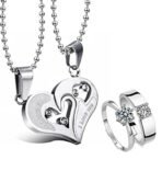 Fashion Frill Designer Silver Chain and Ring - Stainless Steel Heart Shape Pendant for Boys and Girls - Couple Necklace and Finger Ring - Best Valentine and for Women - Fast Shipping to USA & Canada - Image 2