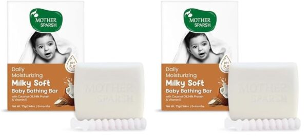 Mother Sparsh Milky Baby Bathing Soap Bar - 75g | Hypoallergenic pH 5.5 | Tear-Free Formulation | Prevents Dryness (Pack of 2) - Fast Shipping to USA & Canada