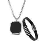 Fashion Frill Valentine Gift For Boyfriend Silver Chain For Men Stainless Steel Geometric Silver Pendant With Black Leather Bracelet For Men Boys Love Gifts Combo - Fast Shipping to USA & Canada