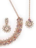 Sukkhi Rose Gold Rainbow Stone Collar Necklace Set with Maangtikka - Fast Shipping to USA & Canada - Image 6