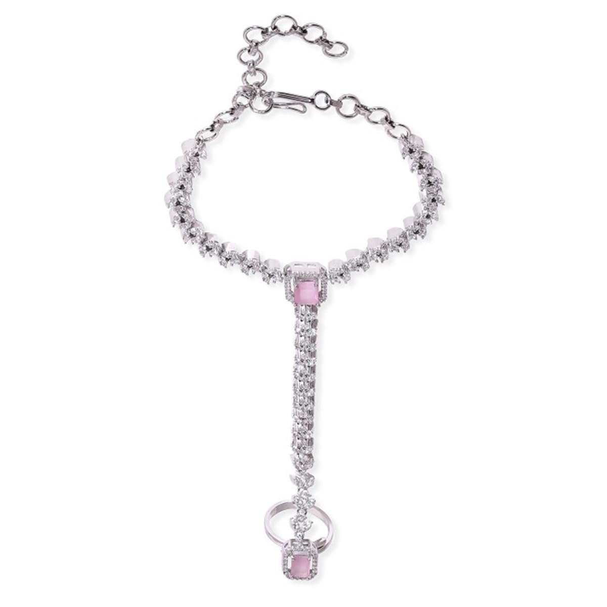 41iBBjO916L.jpg Rubans Rhodium-Plated Pink AD & White Cubic Zirconia Studded Ring Bracelet For Women - Fast Shipping to USA & Canada - Image 1