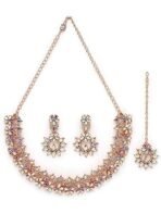 Sukkhi Rose Gold Rainbow Stone Collar Necklace Set with Maangtikka - Fast Shipping to USA & Canada - Image 2