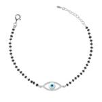 Clara Womens 925 Sterling Silver Evil Eye Halo Hand Mangalsutra Bracelet | Black Beads, Rhodium Plated | Gift For Wife - Fast Shipping to USA & Canada