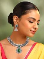 Yellow Chimes Exclusive Antique Design Vintage Oxidised Silver Kolhapuri Stone Choker Necklace Set with Jhumka Earrings for Women and Girls - Fast Shipping to USA & Canada - Image 3