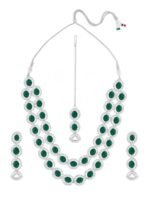 ZAVERI PEARLS Green Stones Dazzling Austrian Diamonds Layered Necklace Earring & Maangtikka Set For Women-ZPFK17569 - Fast Shipping to USA & Canada - Image 2