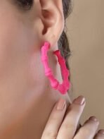 KARATCART Matte Pink Finish Bamboo Design Half Hoop Earrings for Women - Fast Shipping to USA & Canada - Image 3