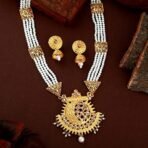 Estele Gehena Jewellery Sets for Women Gold Plated Fancy Three Layer White Pearl Long Haram/Necklace Set With White Kundans for Women-OS-567-MEH NKER - Fast Shipping to USA & Canada - Image 3