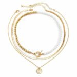 Women's Boho Multi Layer Pearl Necklace With Coin Pendant, Three Strand Beaded Necklace, Quirky Pendant Necklace, Trendy Retro Coin Pendant Necklace, Dainty Baroque Chain Choker Necklace(Gold) - Fast Shipping to USA & Canada