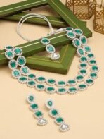 ZAVERI PEARLS Green Stones Dazzling Austrian Diamonds Layered Necklace Earring & Maangtikka Set For Women-ZPFK17569 - Fast Shipping to USA & Canada - Image 3