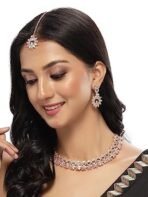 Sukkhi Rose Gold Rainbow Stone Collar Necklace Set with Maangtikka - Fast Shipping to USA & Canada - Image 3