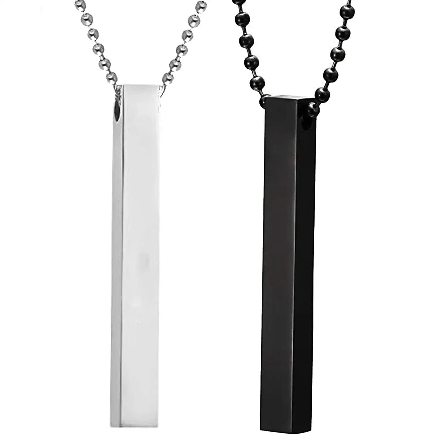 51P-ohUTdgL.jpg Fashion Frill Men's Jewellery 3D Cuboid Vertical Bar/Stick Stainless Steel Black Silver Locket Pendant Necklace Chain For Boys and Men Unisex Birthday Gift Anniversary Love Gift Silver Chain Necklace - Fast Shipping to USA & Canada - Image 1